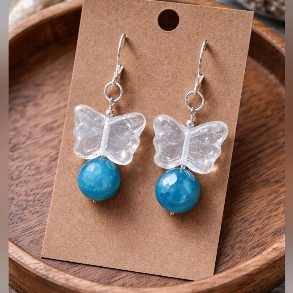 Artisan Glass Butterfly Earrings Blue Stone Vintage Bead Dangle - Picture 5 of 7